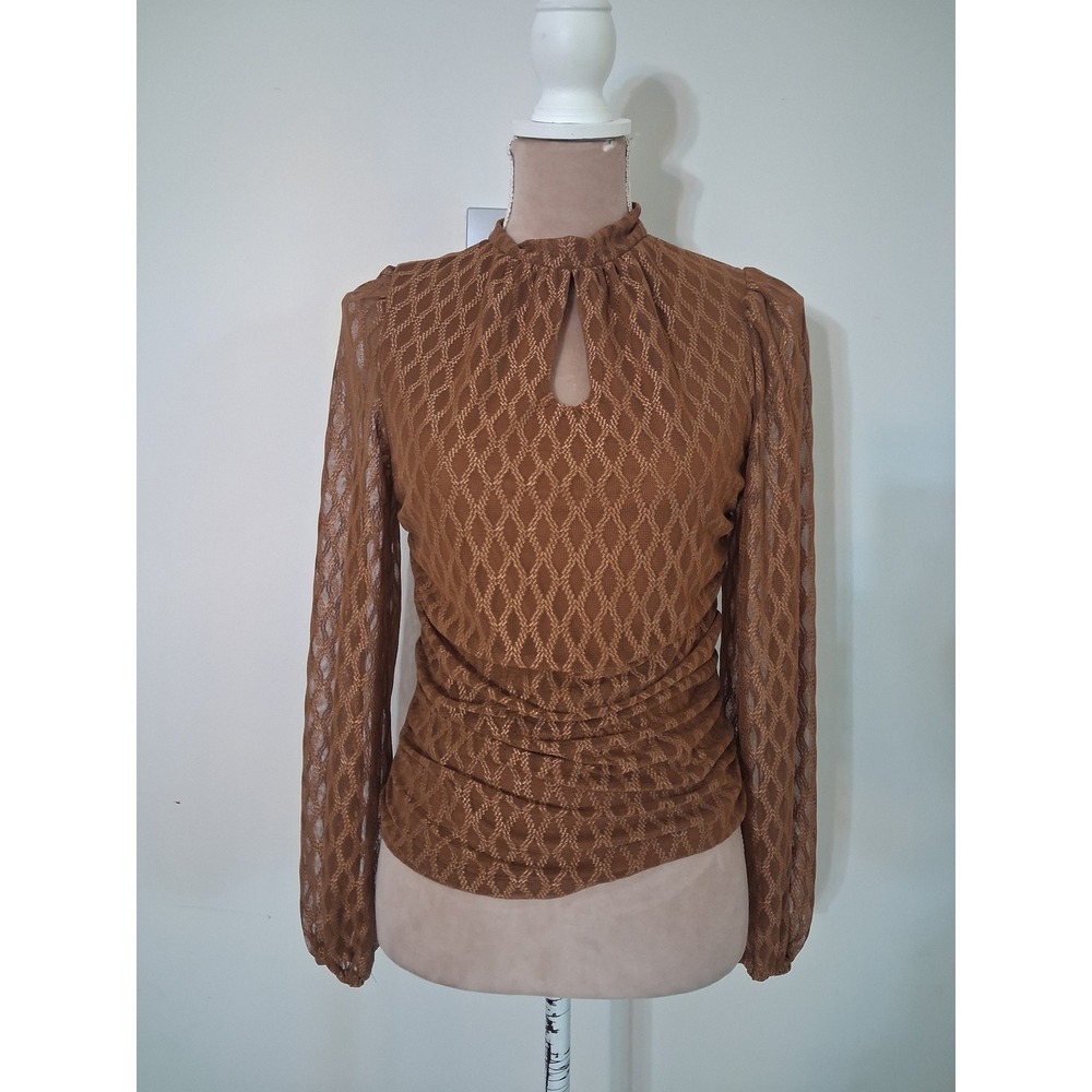 Sterling & Stitch Copper Brown Lace Mesh Mock Neck Keyhole Blouse Small Ruched